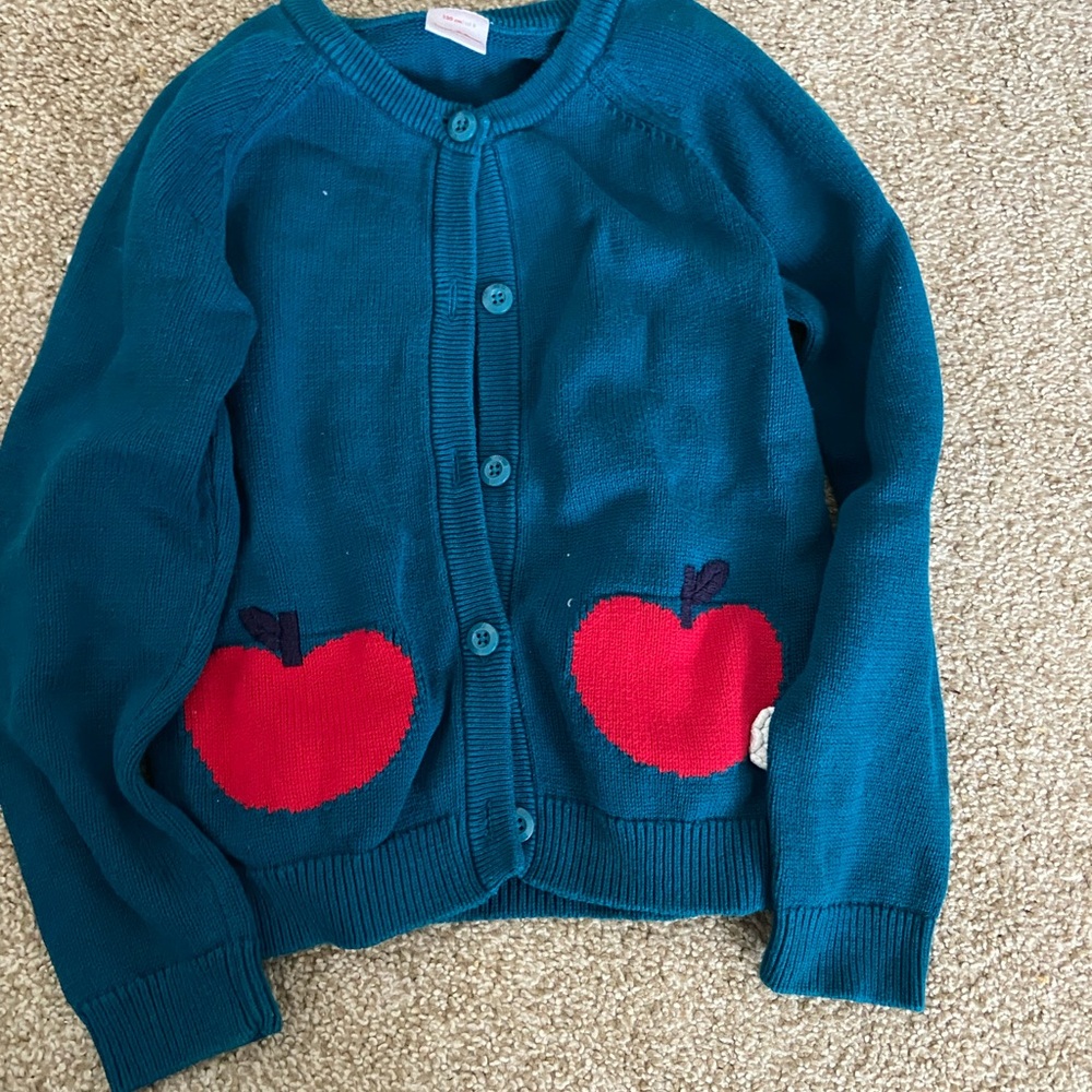 Hanna Andersson Girls size 8 (130) Teal Cardigan Sweater with Red Apples